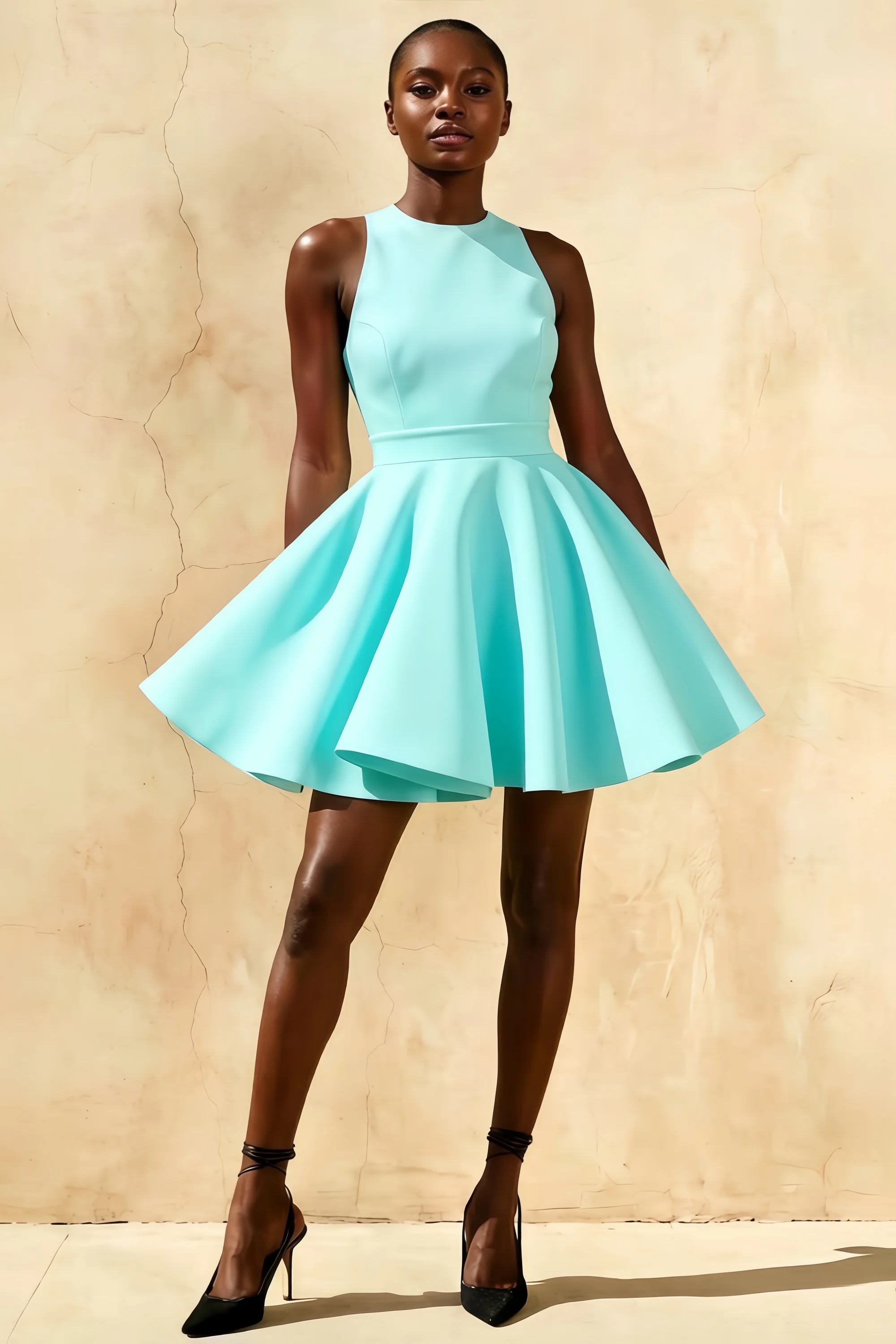 Aqua Racer-Neck Sleeveless Skater Mini Dress