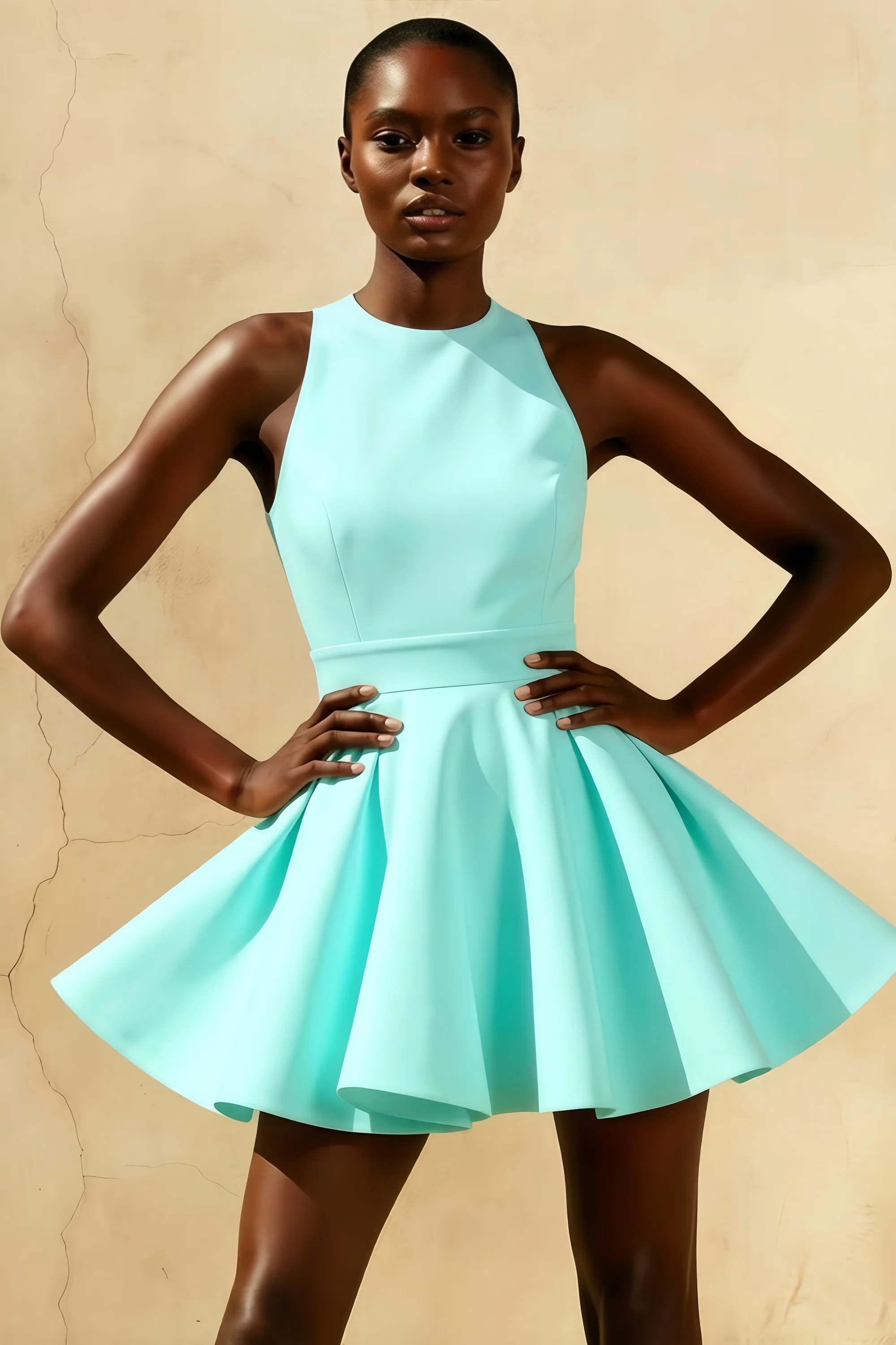 Aqua Racer-Neck Sleeveless Skater Mini Dress
