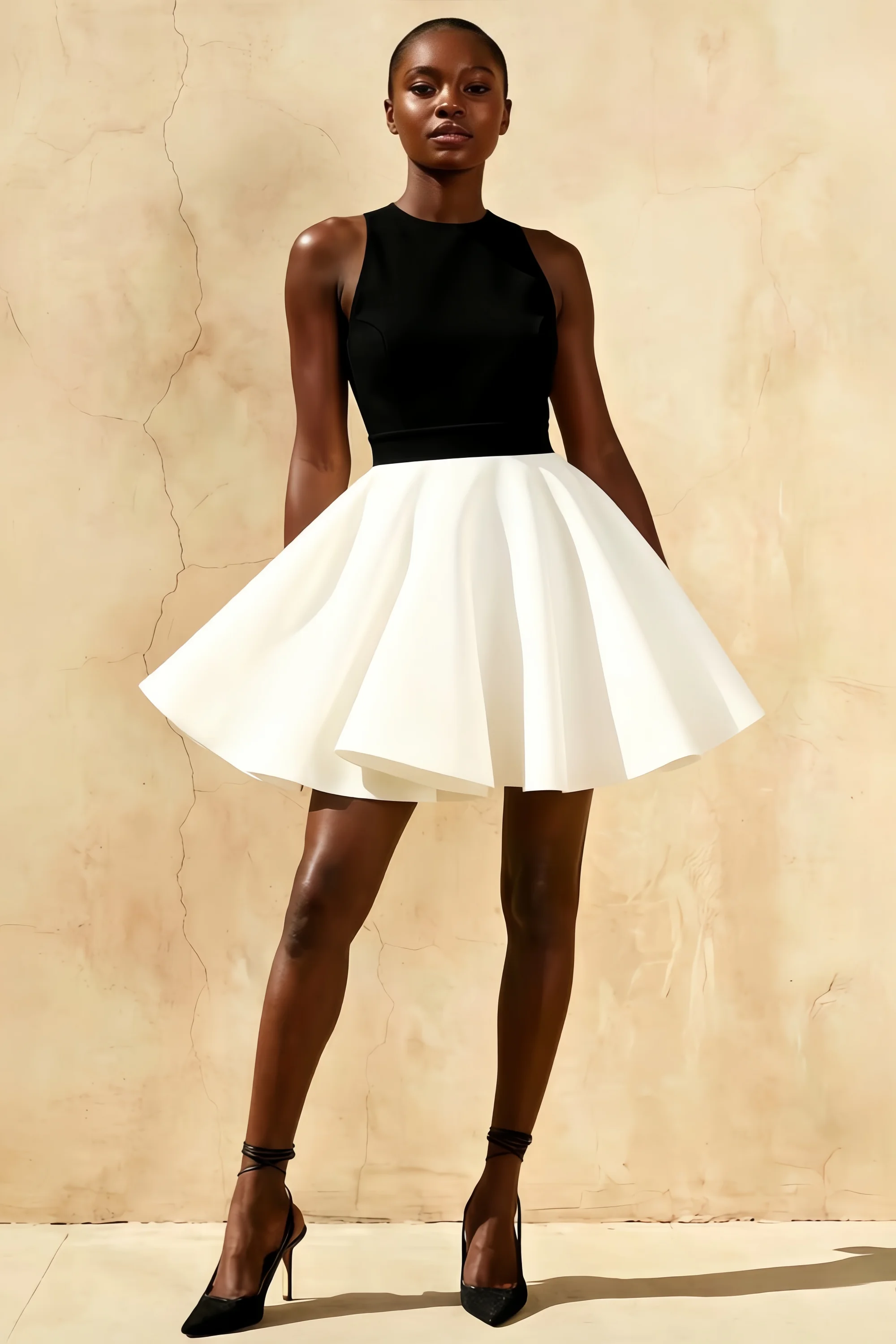 Black and White Racer-Neck Sleeveless Skater Mini Dress