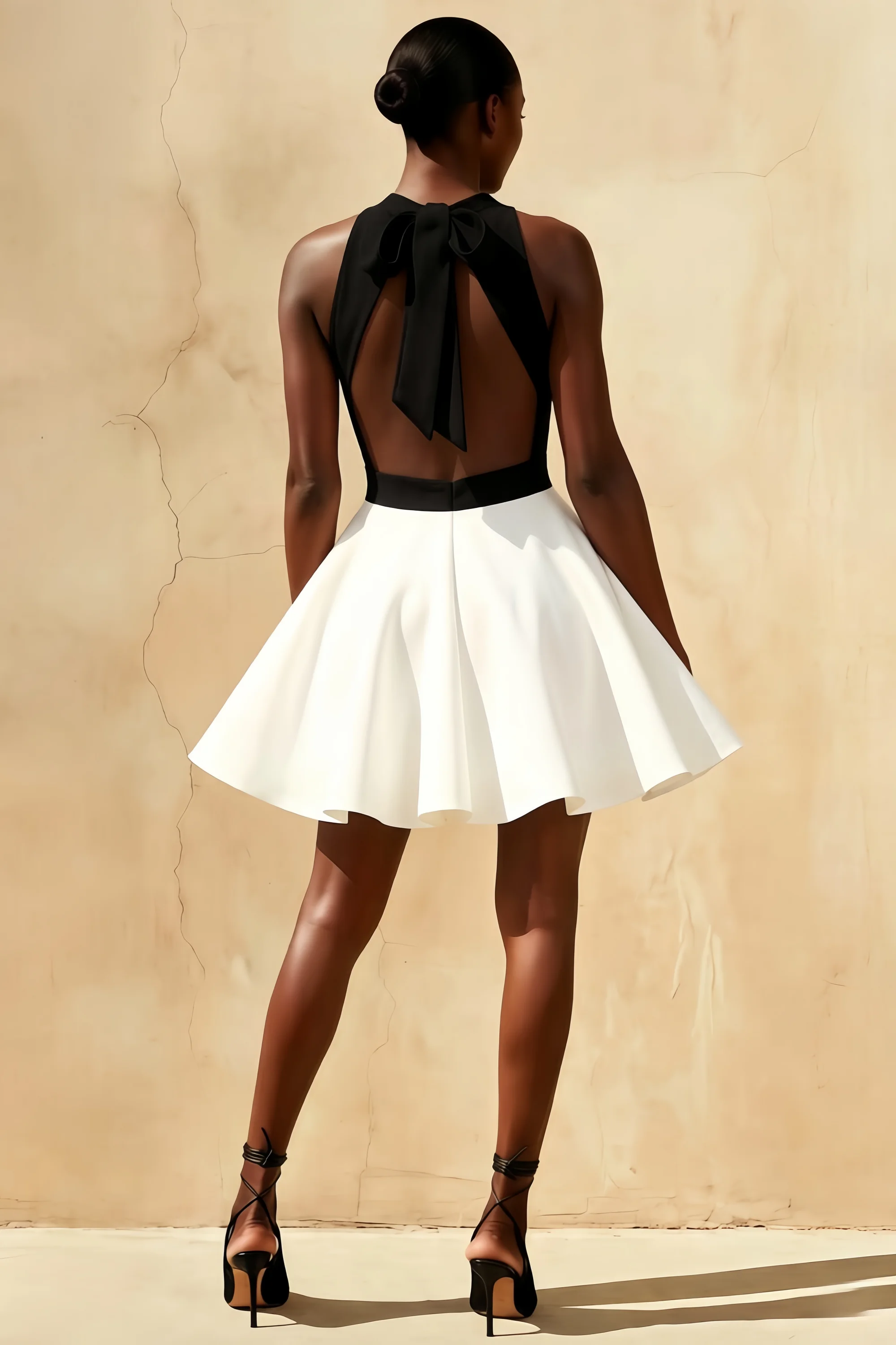 Black and White Racer-Neck Sleeveless Skater Mini Dress
