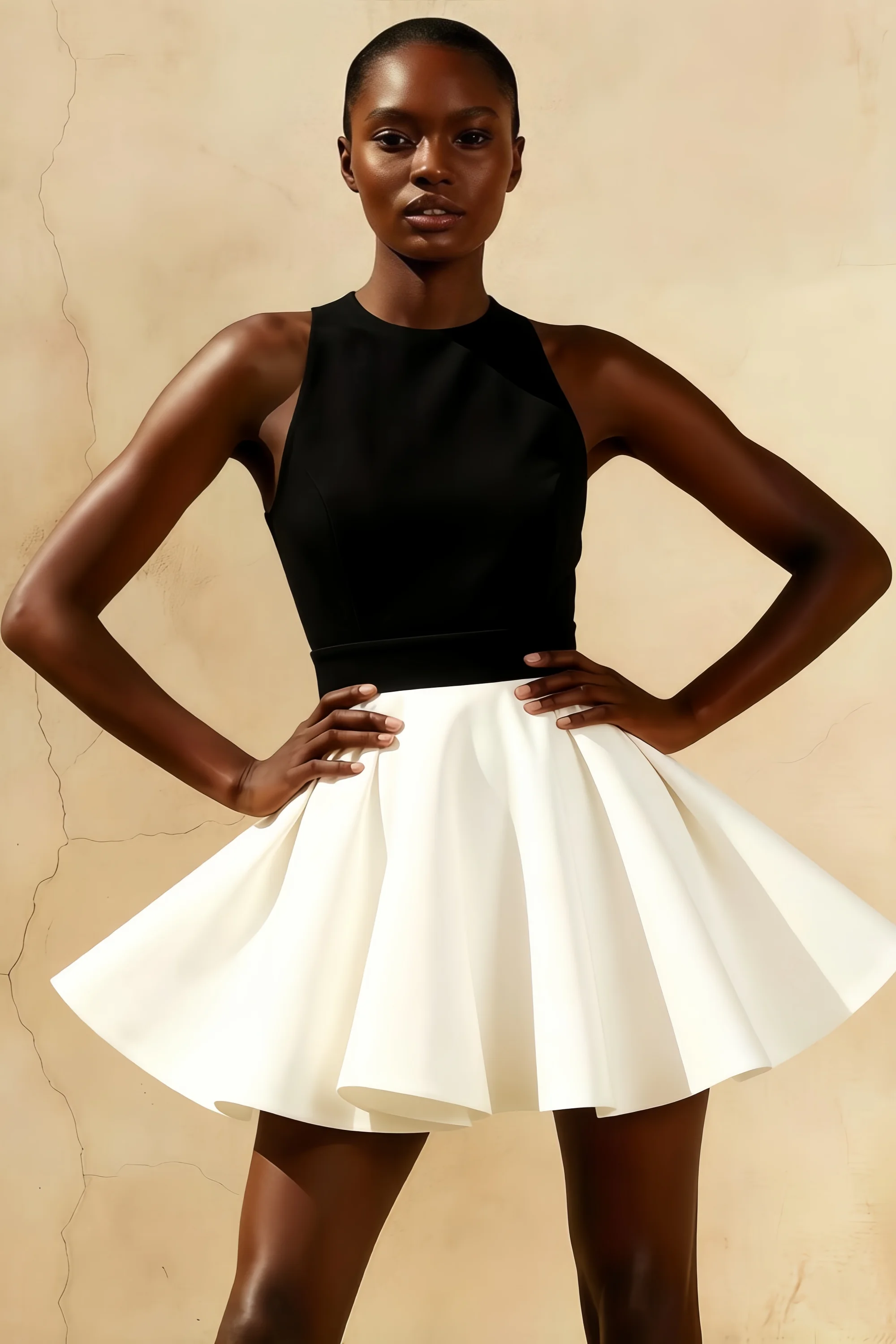 Black and White Racer-Neck Sleeveless Skater Mini Dress
