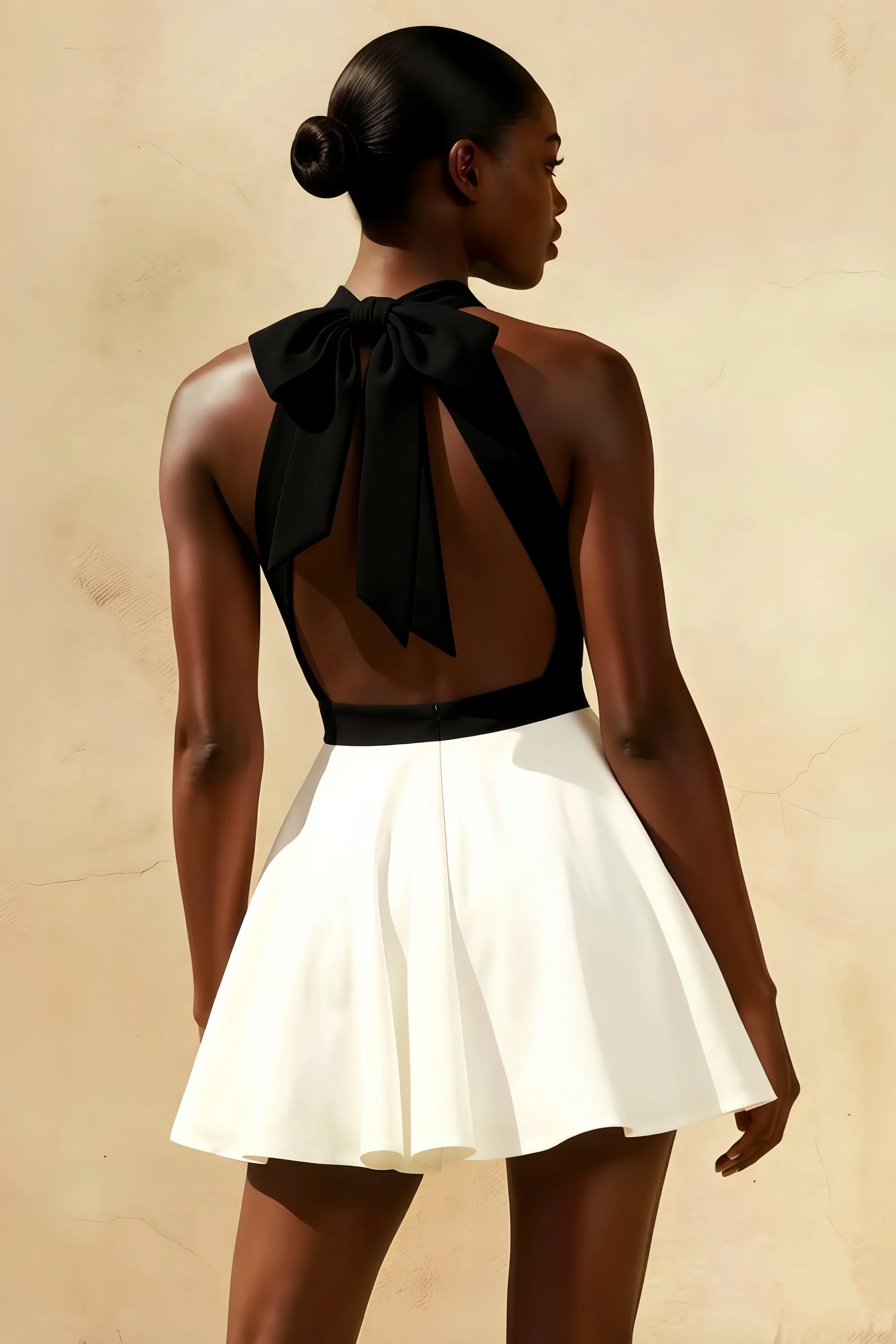 Black and White Racer-Neck Sleeveless Skater Mini Dress