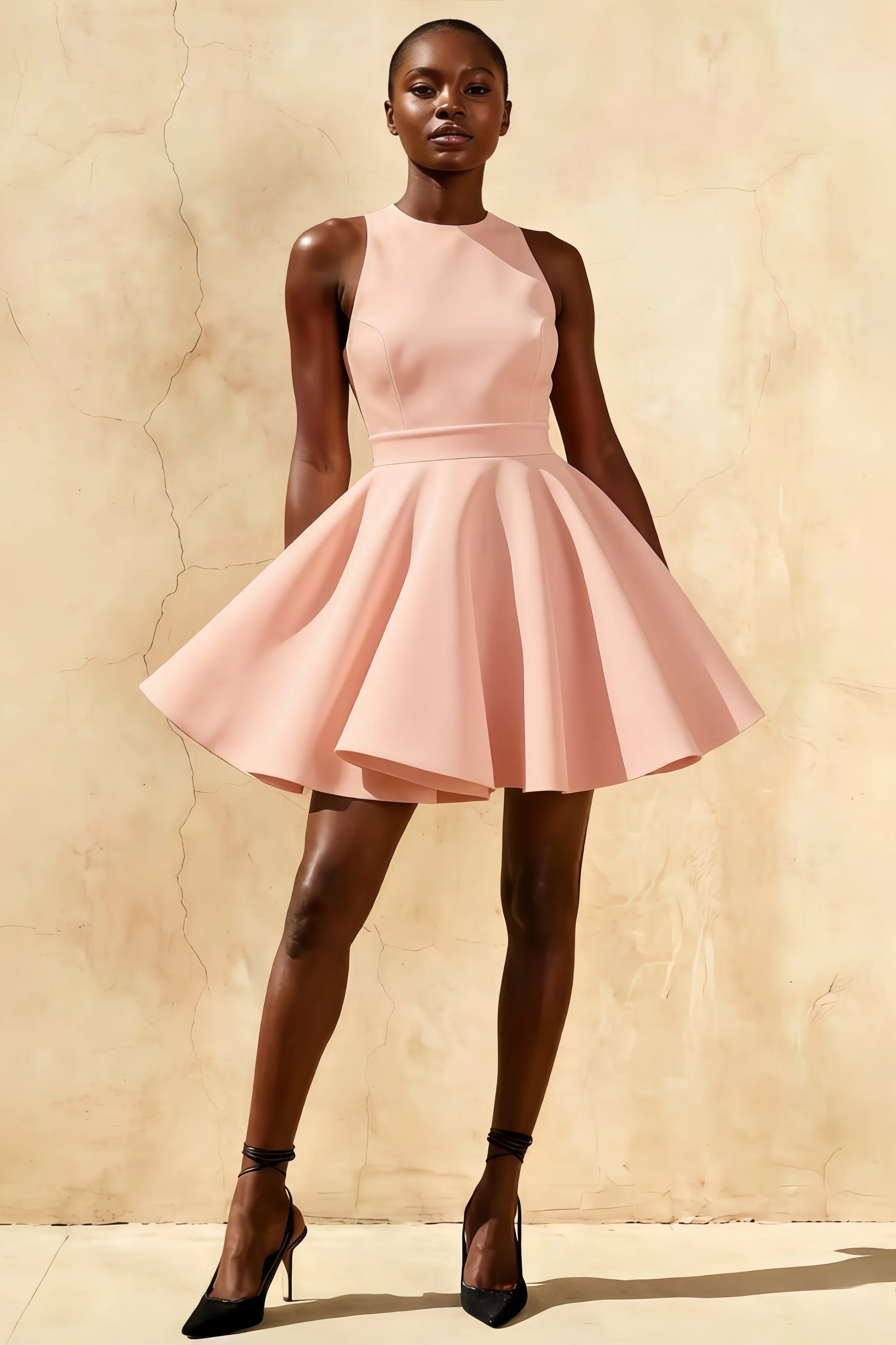 Light Pink Racer-Neck Sleeveless Skater Mini Dress