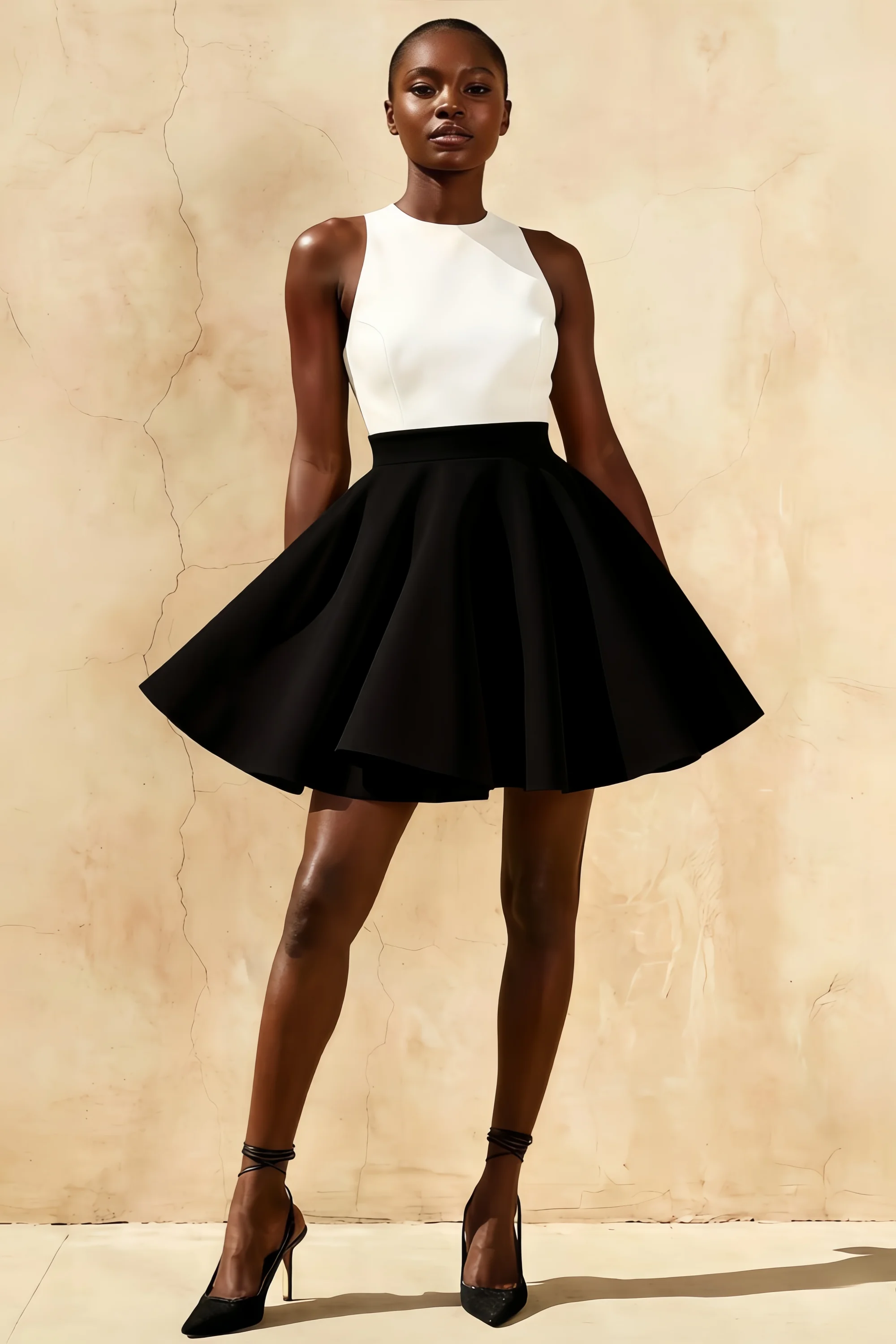 White and Black Racer-Neck Sleeveless Skater Mini Dress