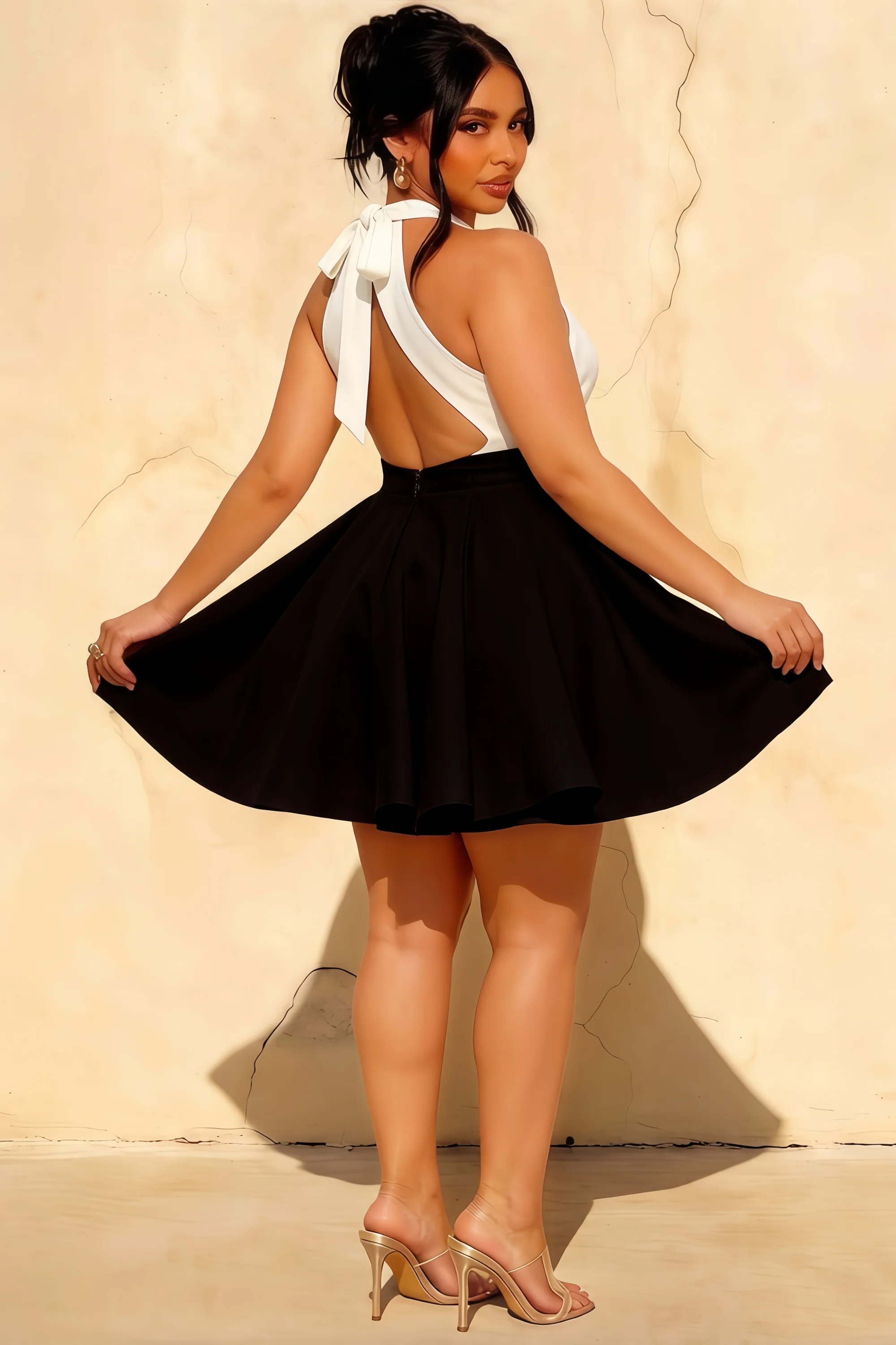 White and Black Racer-Neck Sleeveless Skater Mini Dress