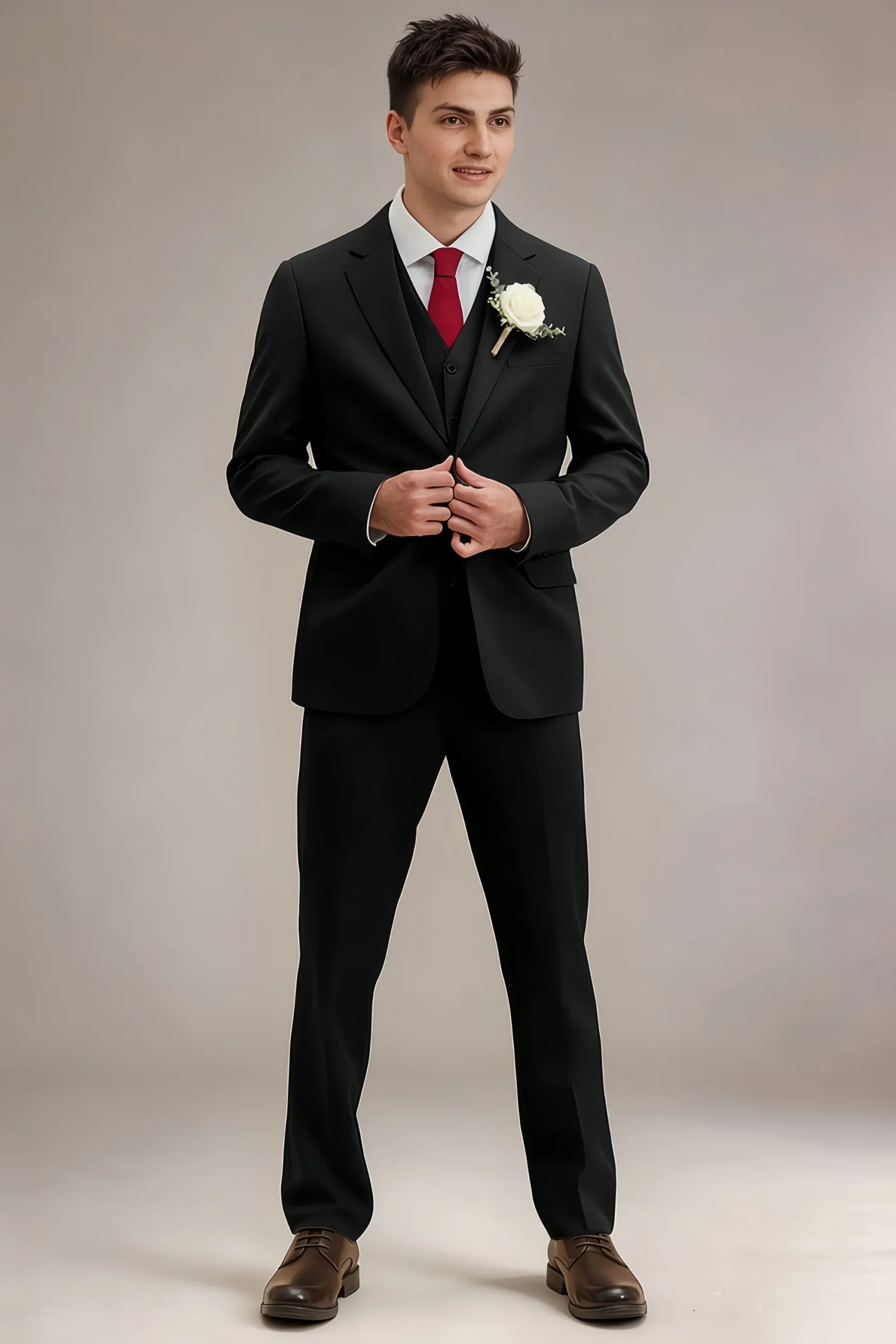 LILVS Jago black slim-fit three-piece suit, model buttoning single-breasted jacket with white rose boutonniere and burgundy tie, full-body front view