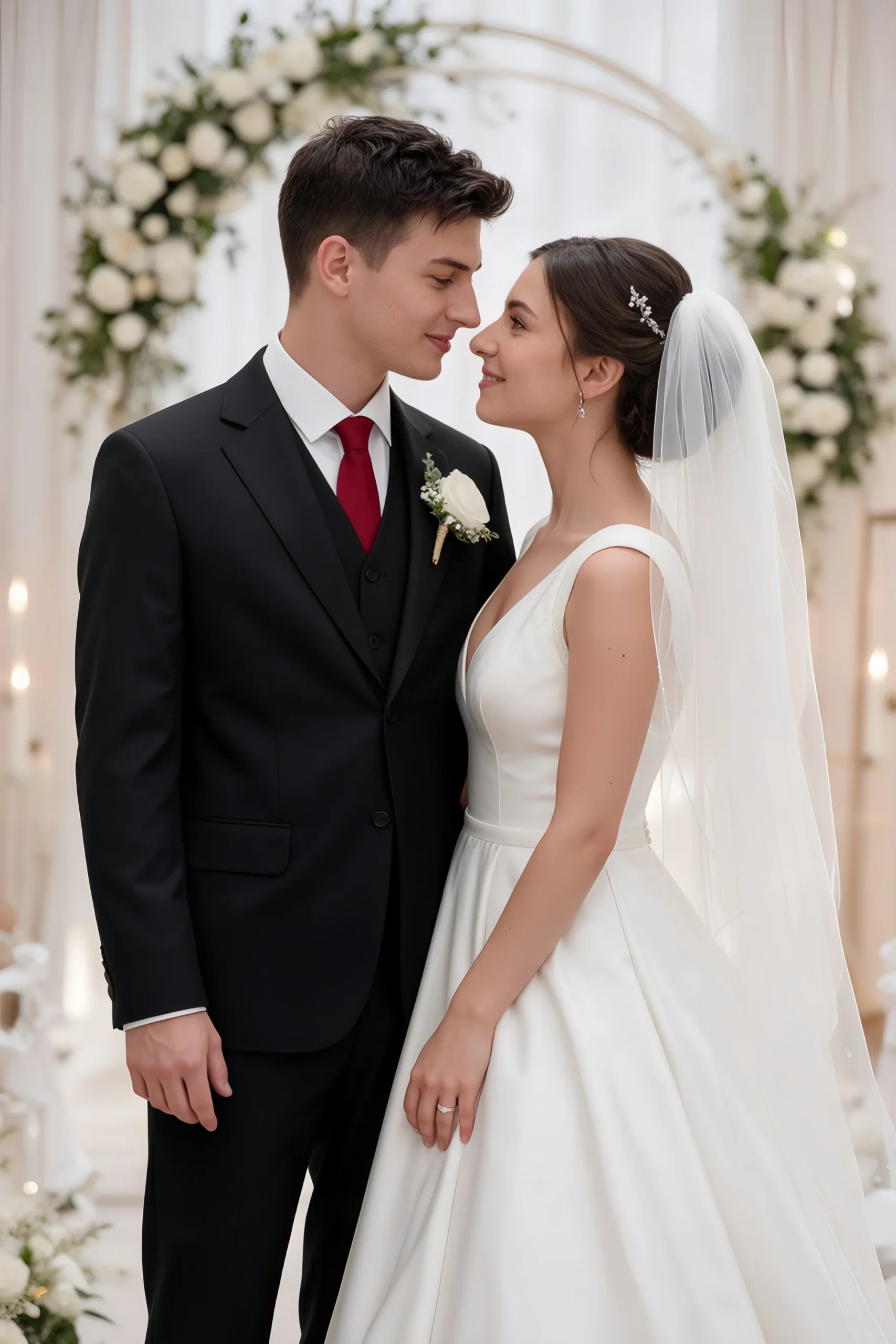 Groom in LILVS Jago black three-piece suit with boutonniere beside bride in wedding gown at floral ceremony arch