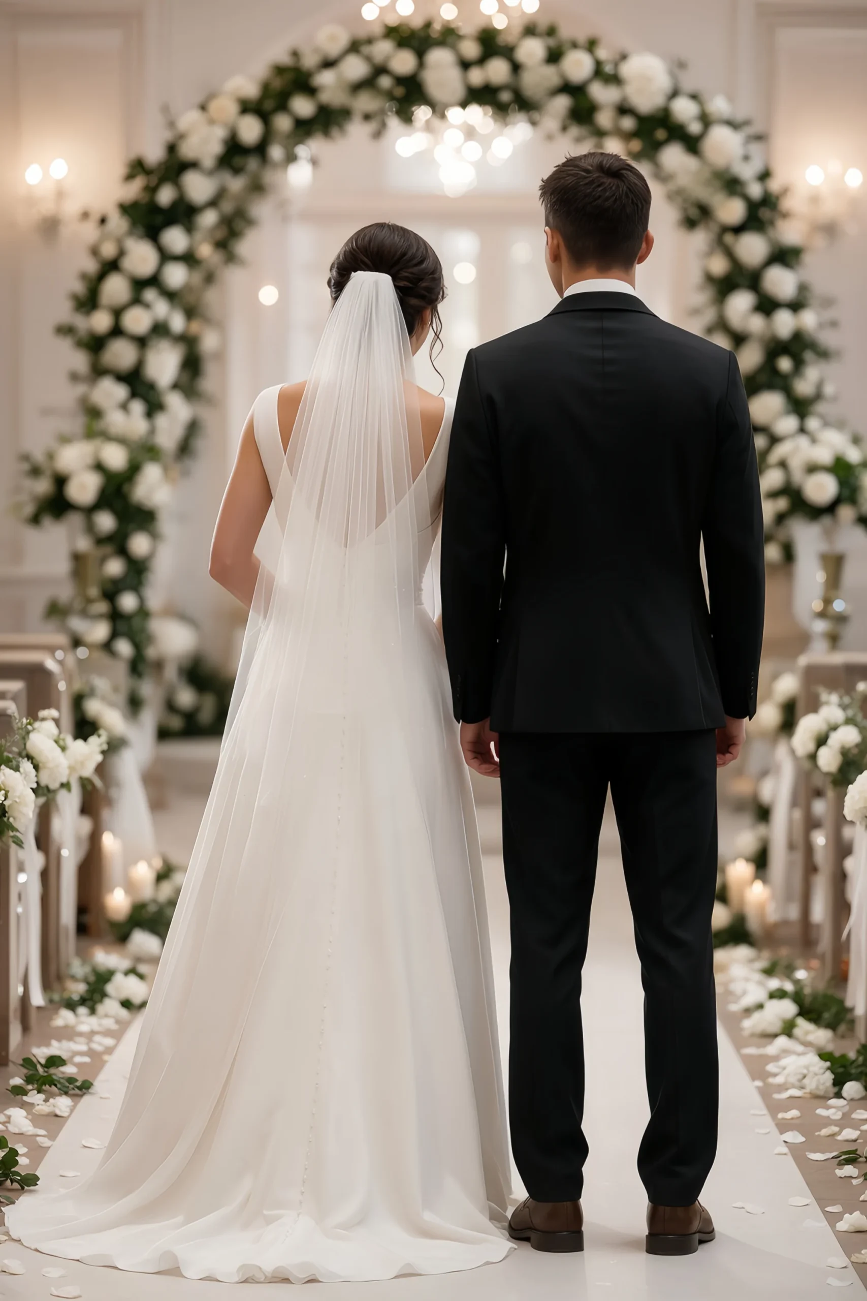 Back view of groom in LILVS Jago black suit walking down candle-lit wedding aisle beside bride in veil