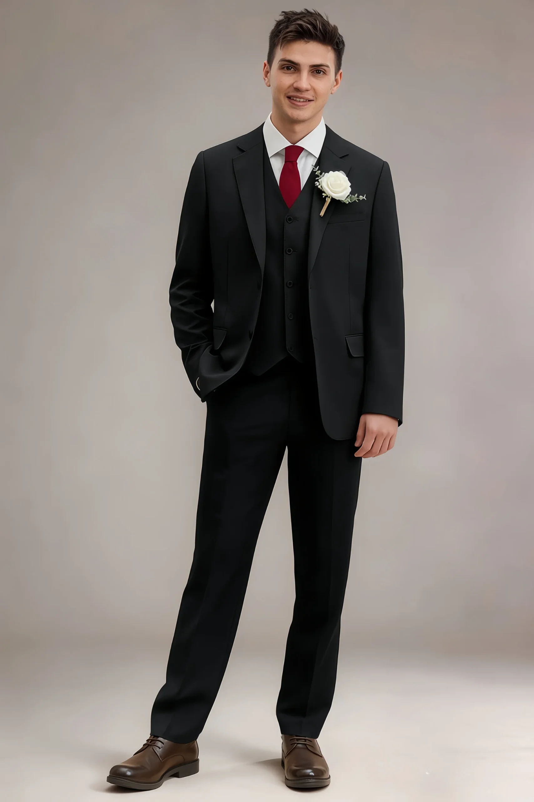 Close-up of LILVS Jago black suit jacket showing notch lapel, flap pockets and structured shoulder, hand in pocket