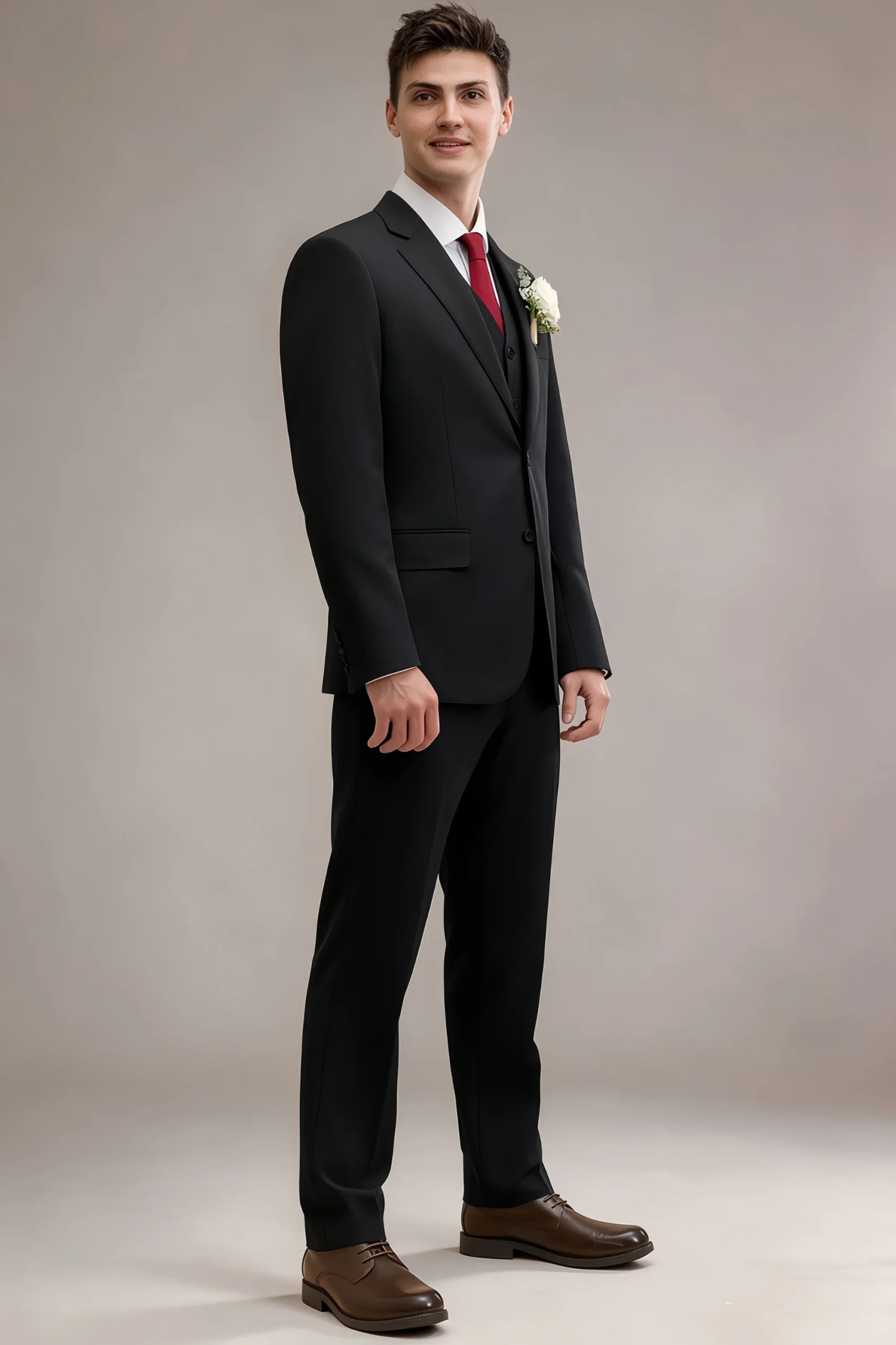 LILVS Jago black three-piece suit side three-quarter view showing tailored jacket silhouette and matching trousers