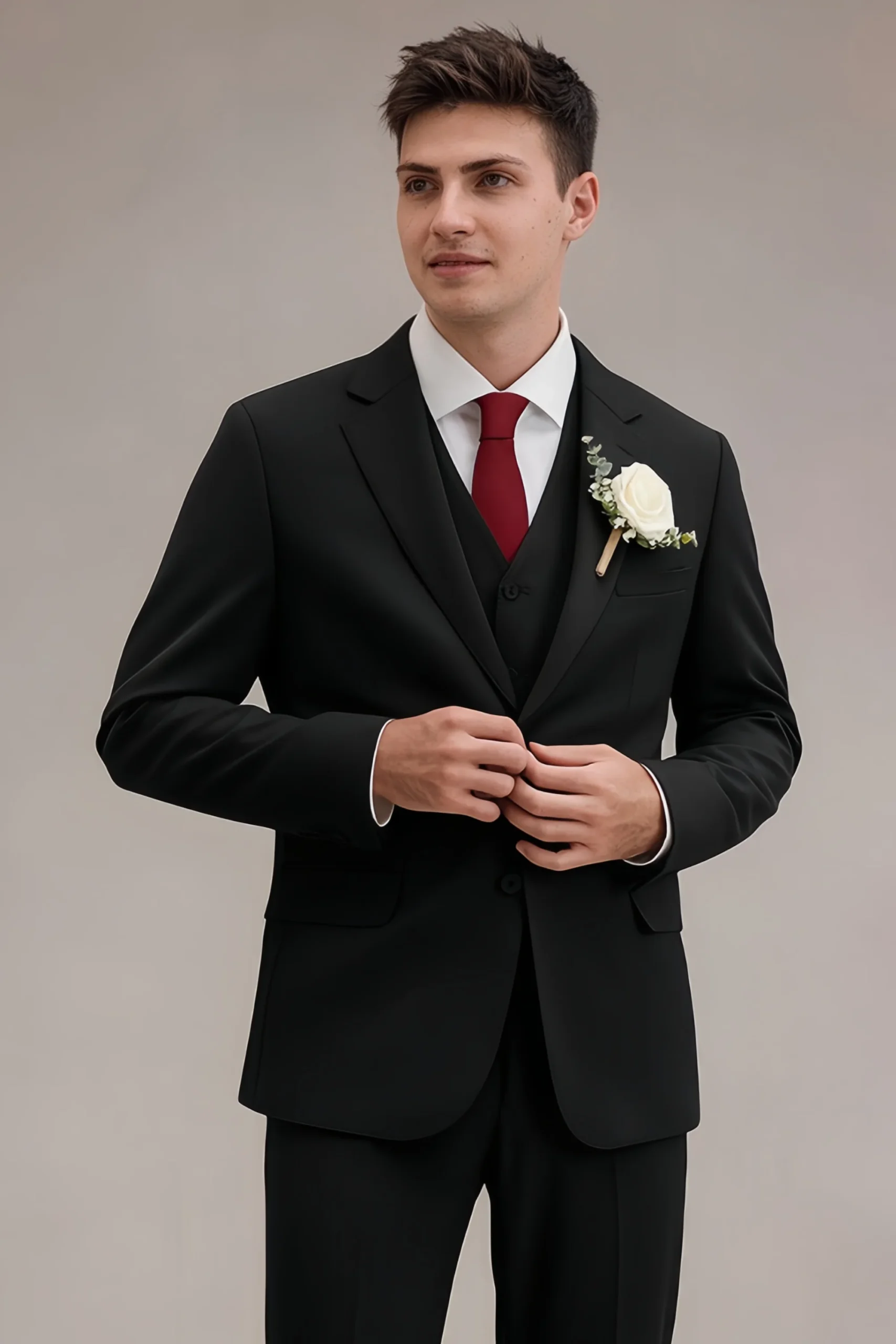 LILVS Jago black slim-fit three-piece suit full-body pose, one hand in pocket, burgundy tie and white boutonniere