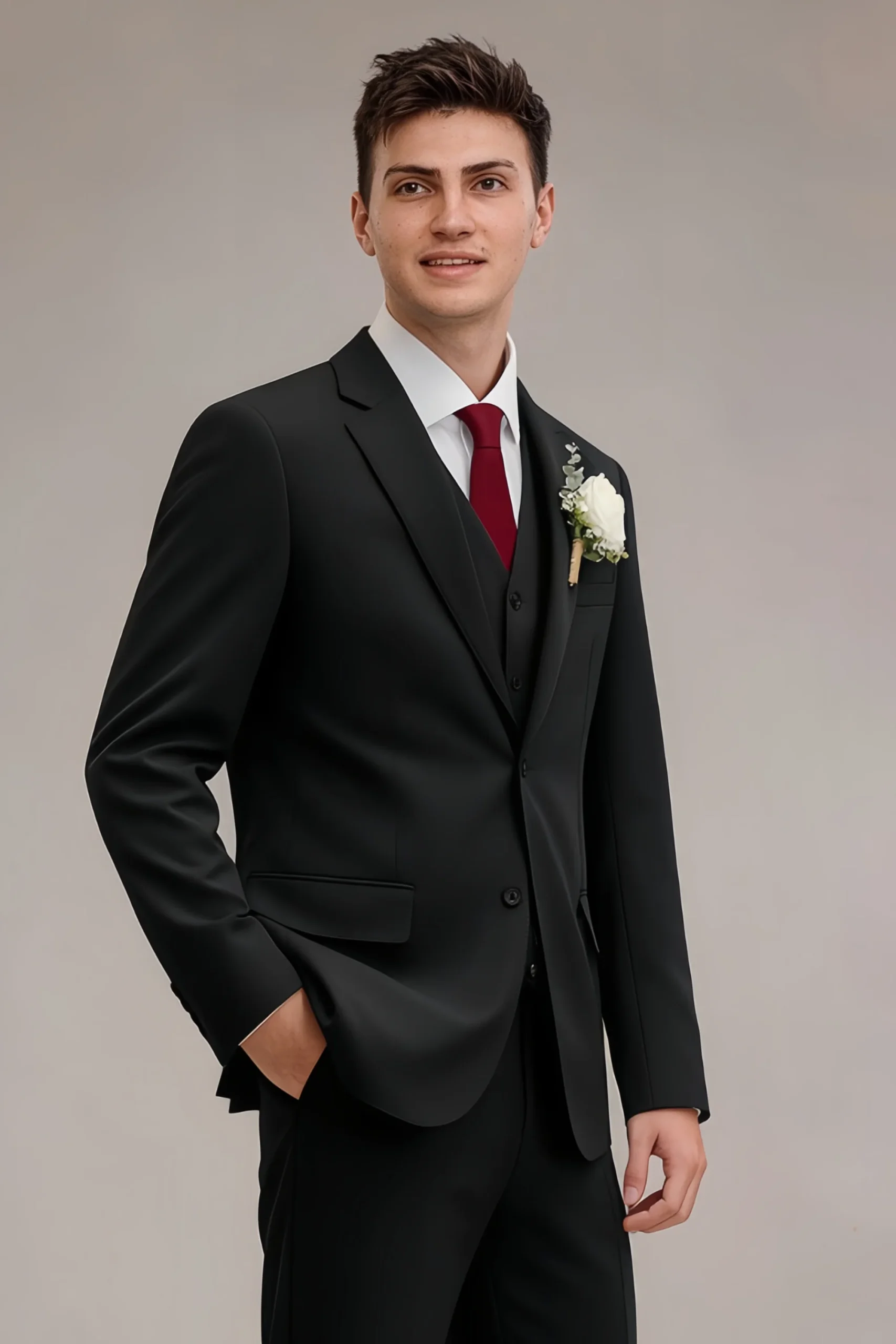 Model buttoning LILVS Jago black suit jacket, upper-body close-up of notch lapel, waistcoat and lapel boutonniere