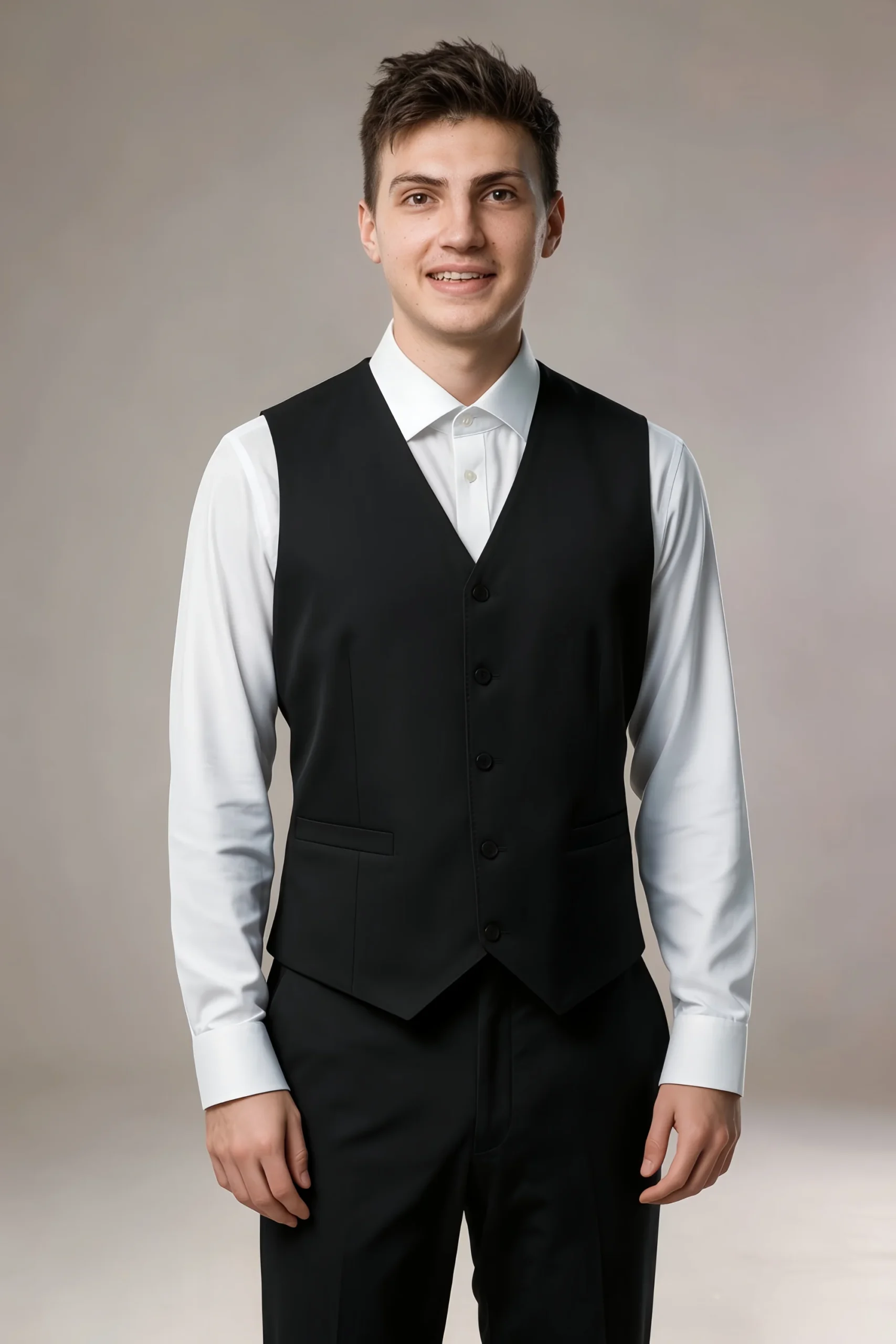 LILVS Jago black button-front V-neck waistcoat worn over white dress shirt, close-up showing tailored fit and side pockets