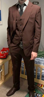 Again very nice, great for its price I just wish it had a longer option, it can sit quite short on some of the grooms men with longer torsos But it’s nice and my future husband fits great in it